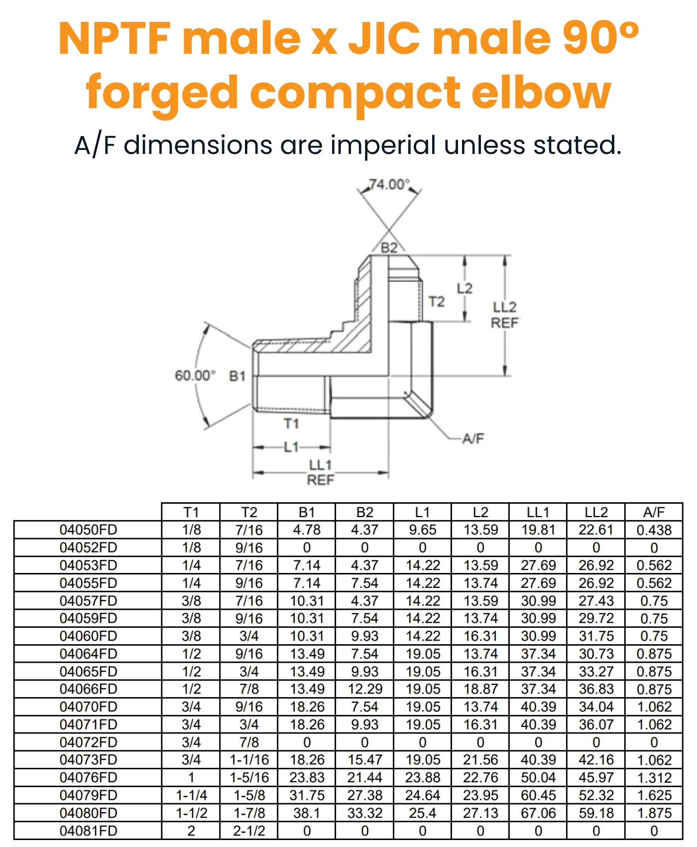 1/8 NPTF x 7/16 JIC M/M 90° Forged Elbow Hydraulic Adaptor